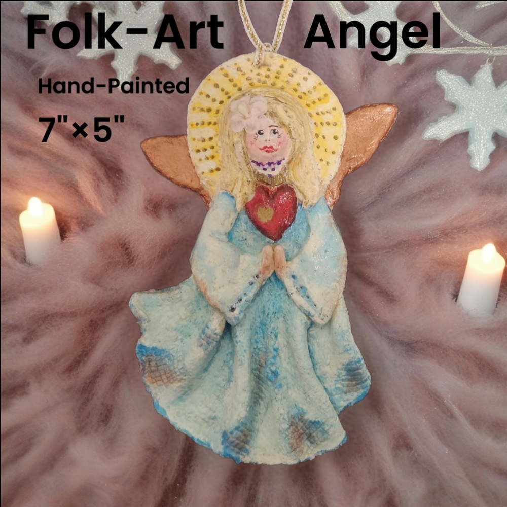 Folk-Art Hand-Painted Angel Ornament - Blue and Gold 7"×5"